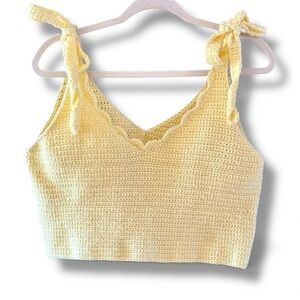 Handmade Yellow Crochet Crop Top with Shoulder Ties Sz. Lg/XL